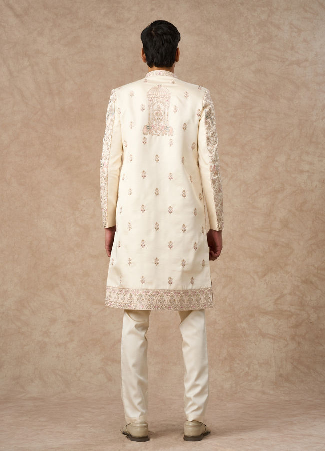 Manyavar Men Cream Art Silk Sherwani with Embroidery