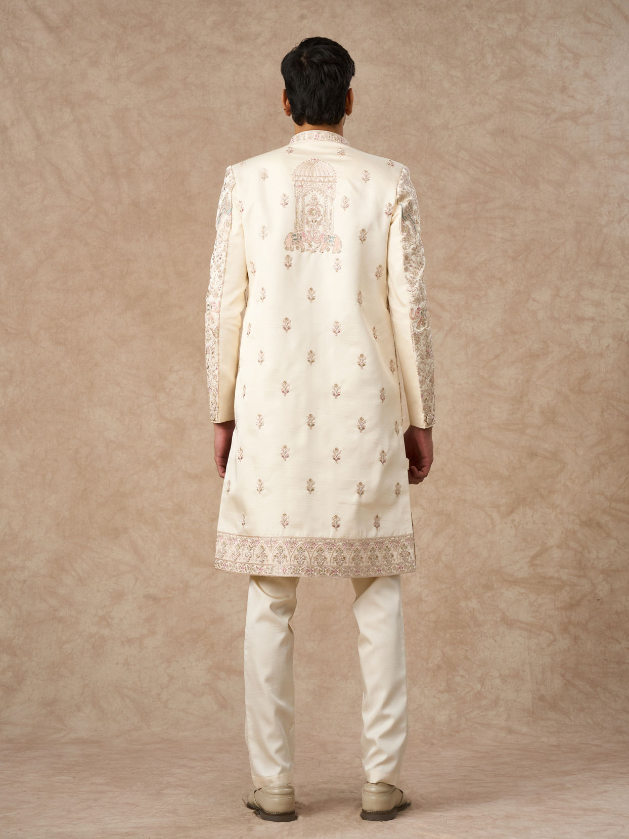 Manyavar Men Cream Art Silk Sherwani with Embroidery