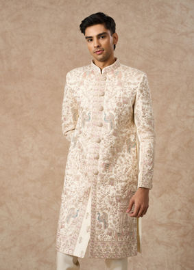 Manyavar Men Cream Art Silk Sherwani with Embroidery
