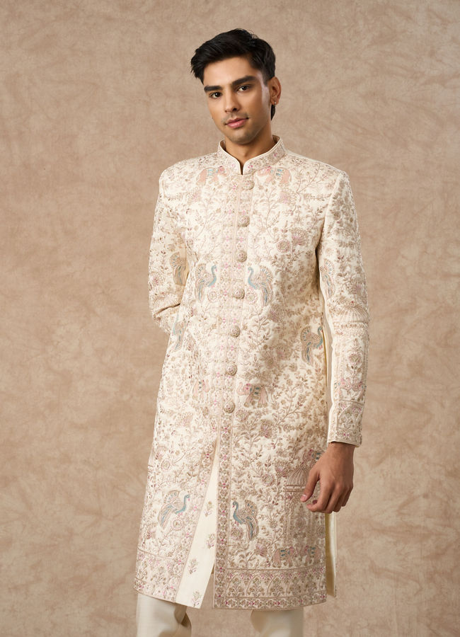 Manyavar Men Cream Art Silk Sherwani with Embroidery