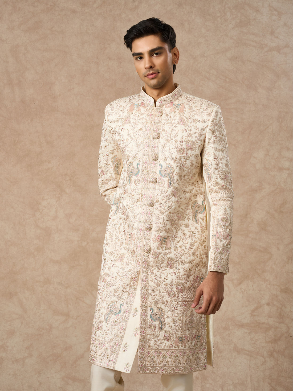 Manyavar Men Cream Art Silk Sherwani with Embroidery
