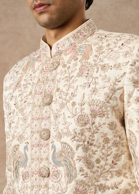 Manyavar Men Cream Art Silk Sherwani with Embroidery