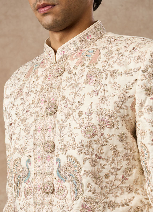 Manyavar Men Cream Art Silk Sherwani with Embroidery