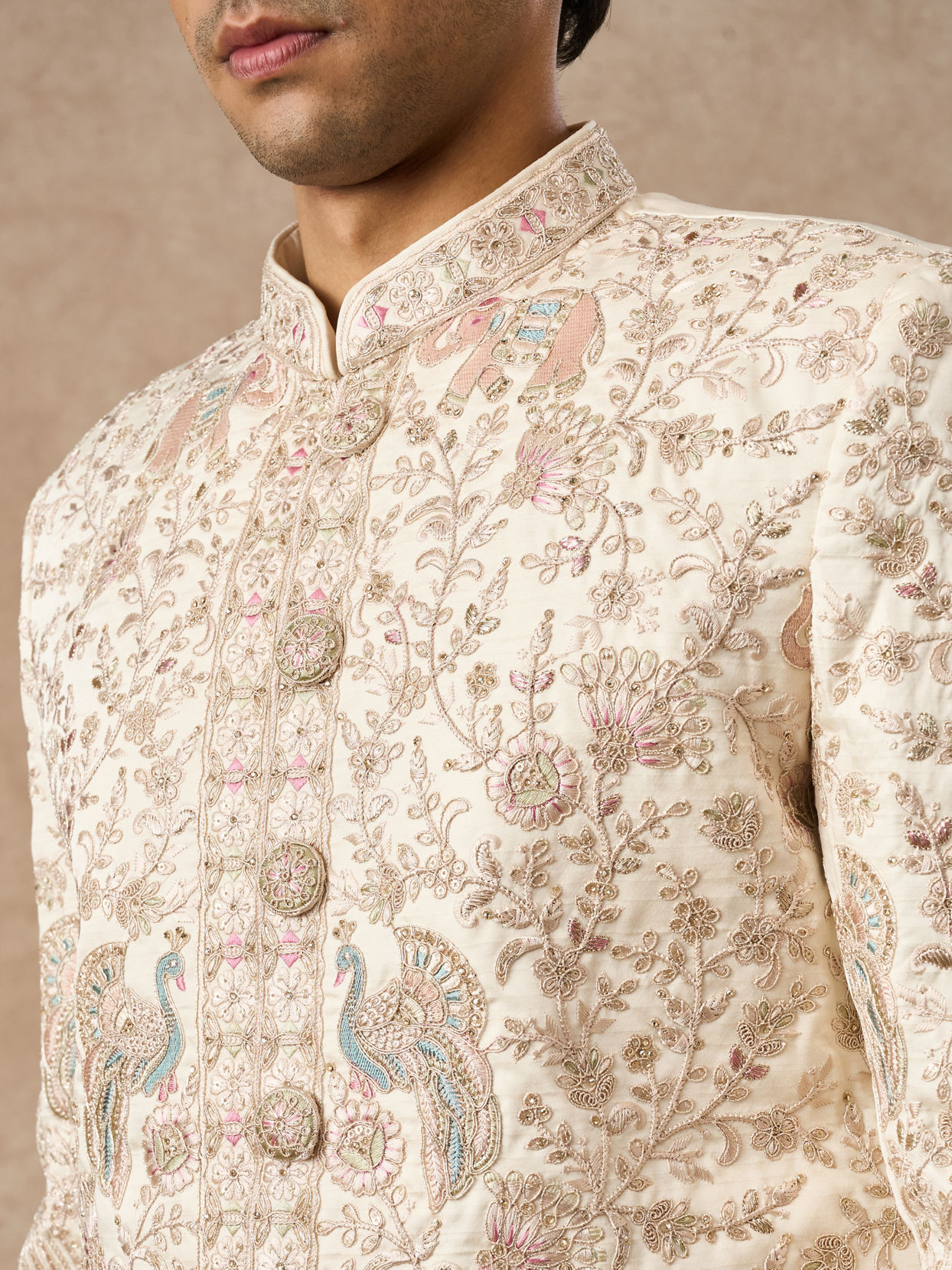 Manyavar Men Cream Art Silk Sherwani with Embroidery