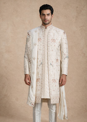 Manyavar Men Warm White Silk Open Sherwani with Embroidery