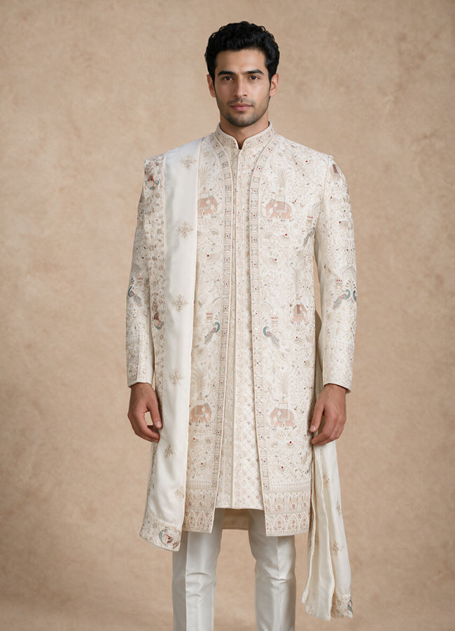 Manyavar Men Warm White Silk Open Sherwani with Embroidery