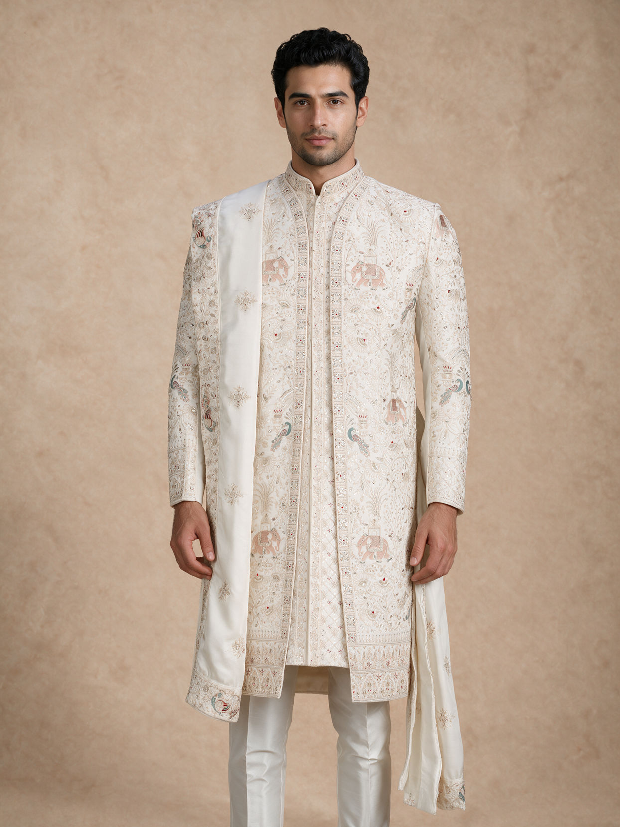 Manyavar Men Warm White Silk Open Sherwani with Embroidery
