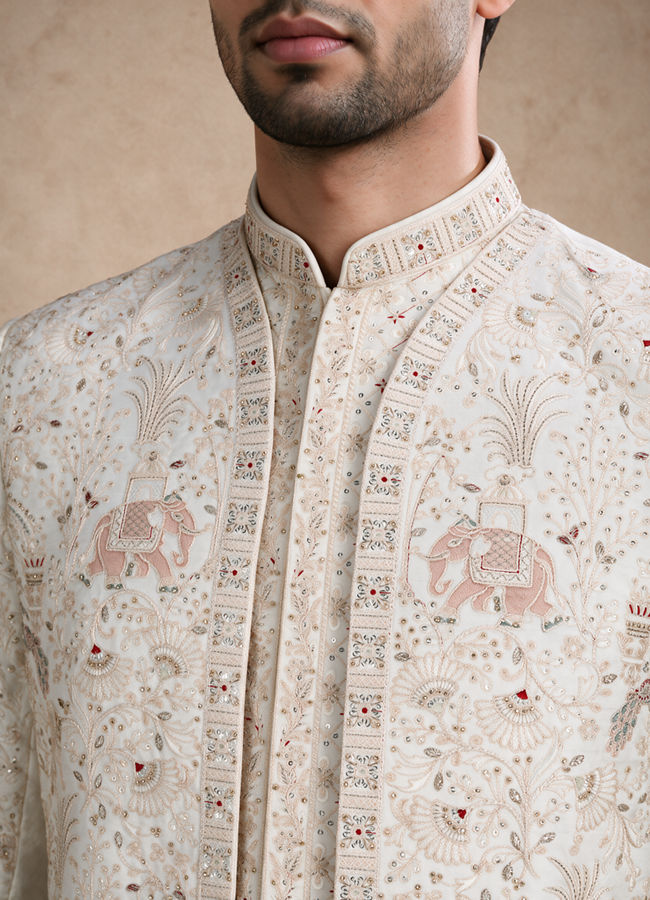 Manyavar Men Warm White Silk Open Sherwani with Embroidery