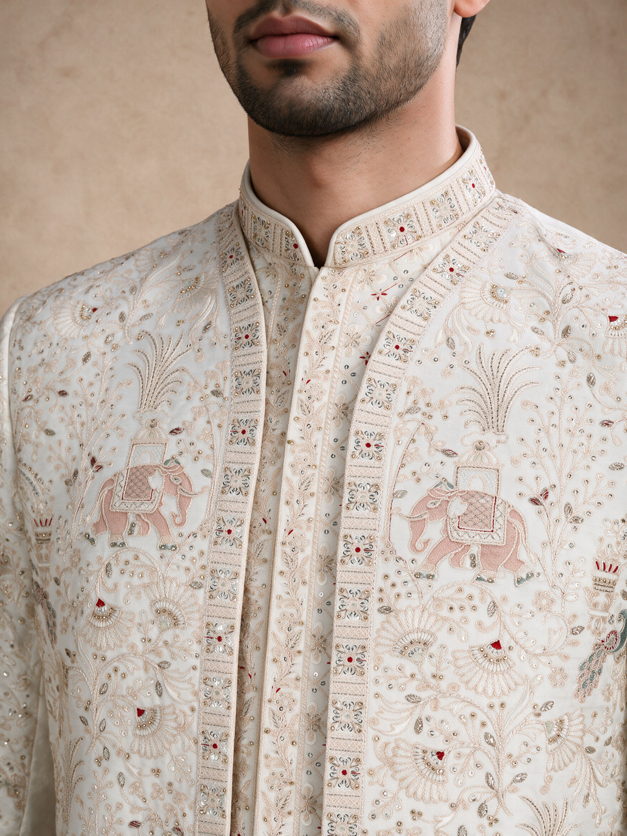 Manyavar Men Warm White Silk Open Sherwani with Embroidery