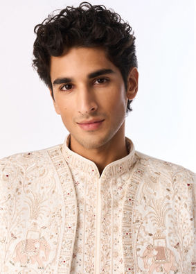 Manyavar Men Warm White Silk Open Sherwani with Embroidery