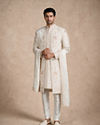 Manyavar Men Warm White Silk Open Sherwani with Embroidery