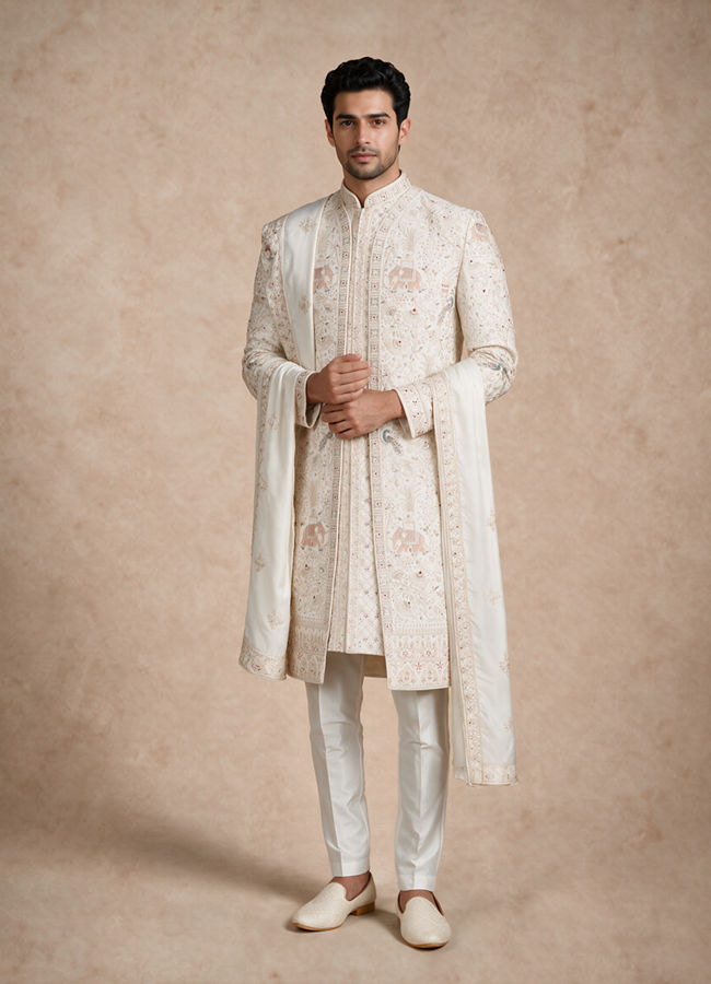 Manyavar Men Warm White Silk Open Sherwani with Embroidery
