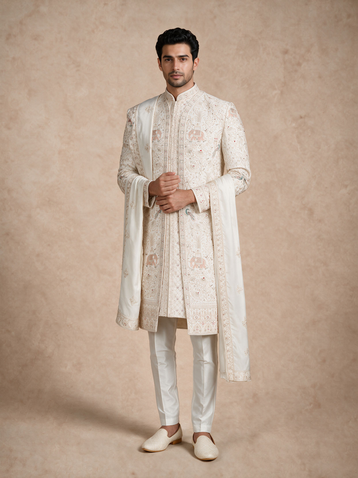 Manyavar Men Warm White Silk Open Sherwani with Embroidery
