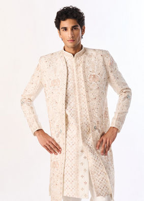 Manyavar Men Warm White Silk Open Sherwani with Embroidery