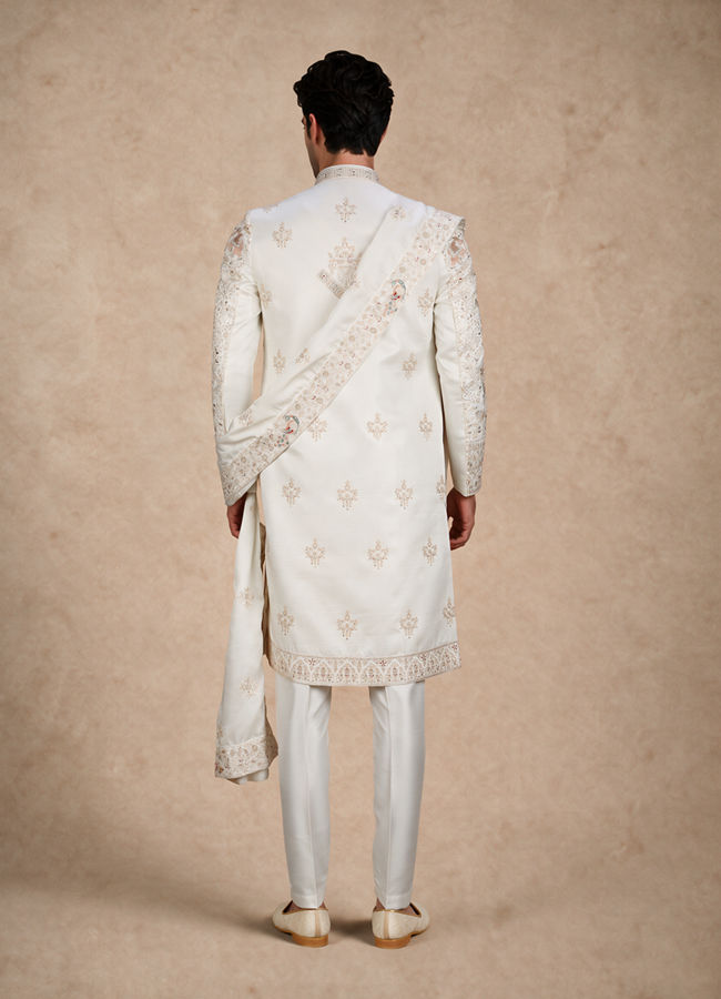 Manyavar Men Warm White Silk Open Sherwani with Embroidery