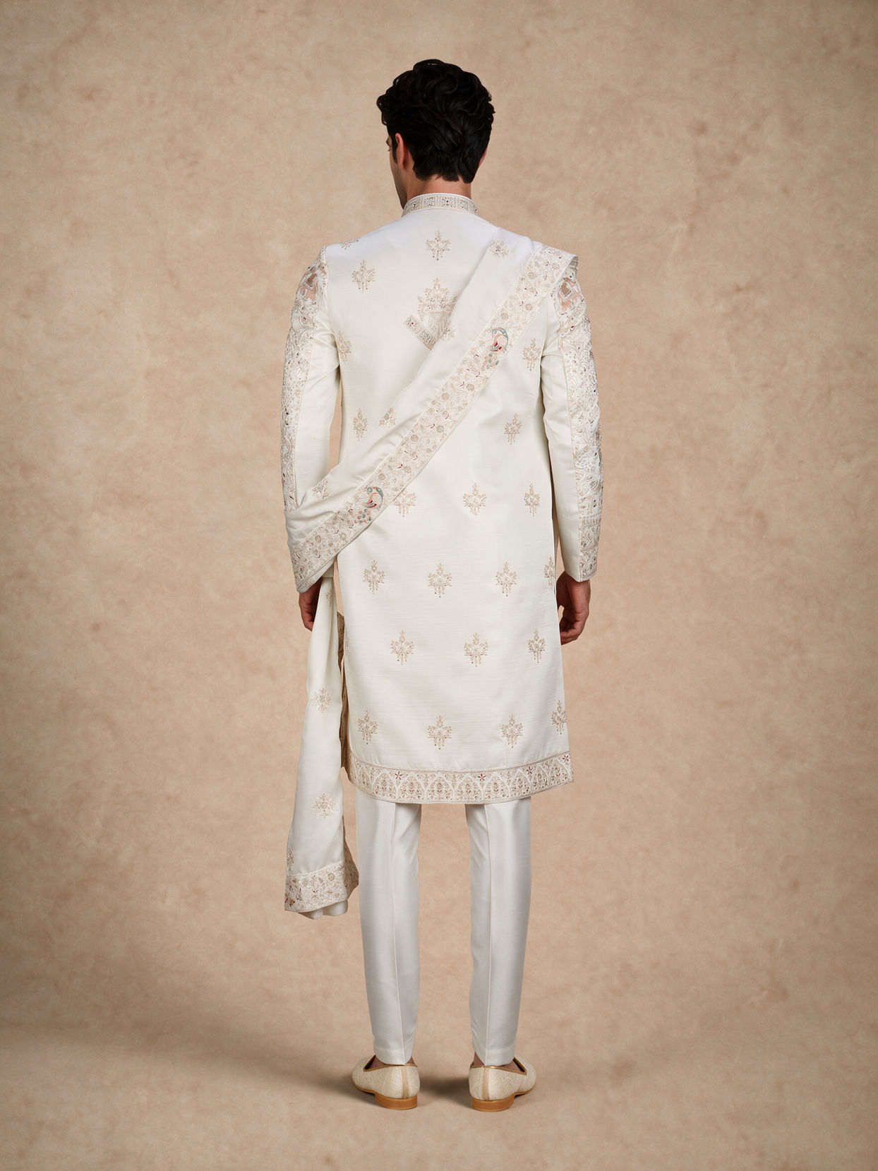 Manyavar Men Warm White Silk Open Sherwani with Embroidery