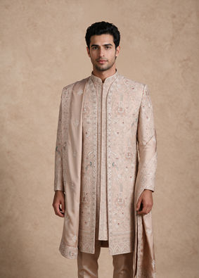 Manyavar Men Champagne Silk Open Sherwani with Embroidery