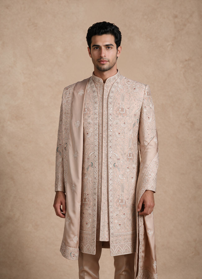 Manyavar Men Champagne Silk Open Sherwani with Embroidery
