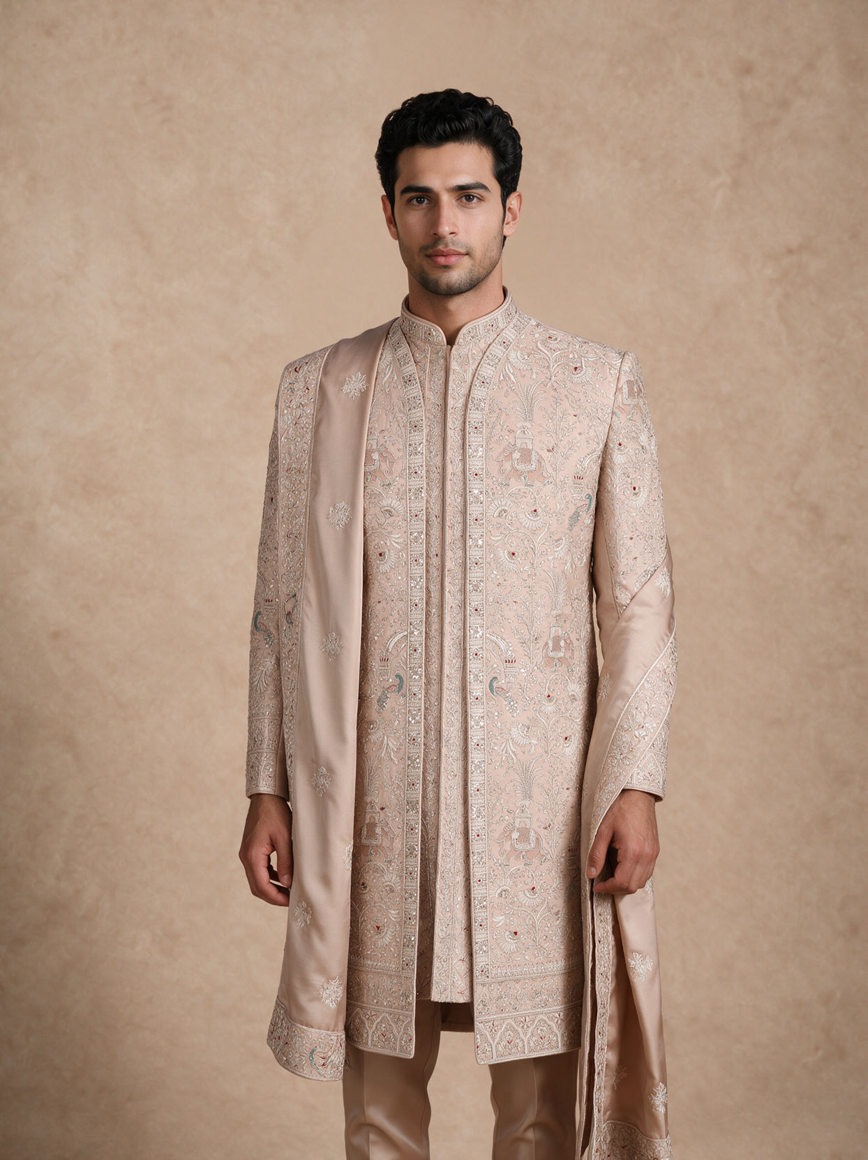 Manyavar Men Champagne Silk Open Sherwani with Embroidery