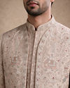 Manyavar Men Champagne Silk Open Sherwani with Embroidery