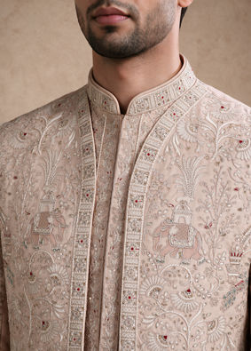 Manyavar Men Champagne Silk Open Sherwani with Embroidery