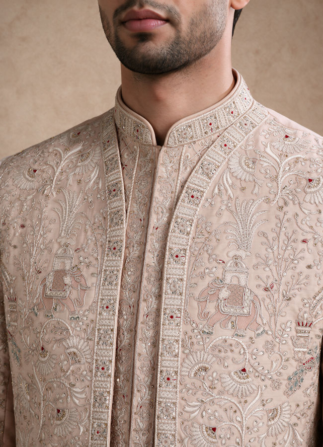 Manyavar Men Champagne Silk Open Sherwani with Embroidery