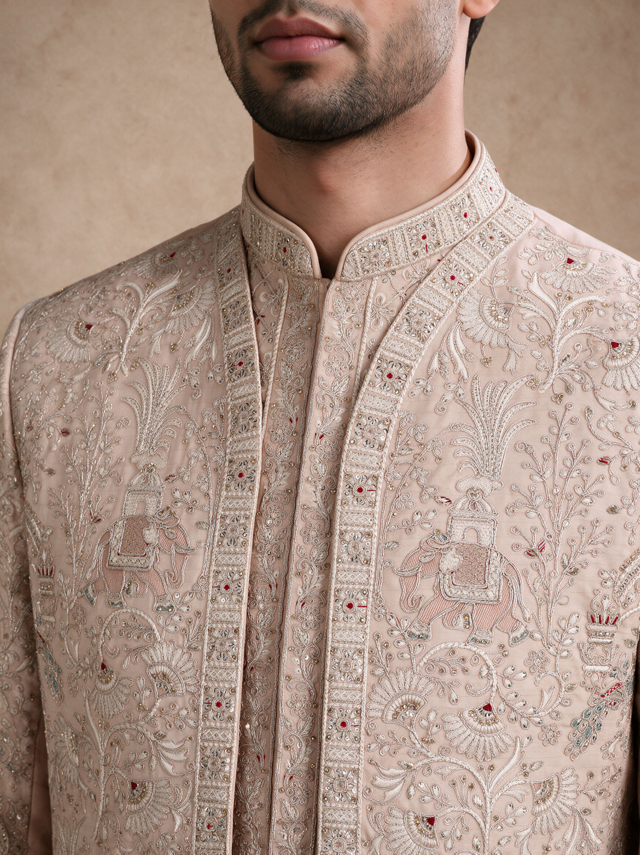 Manyavar Men Champagne Silk Open Sherwani with Embroidery