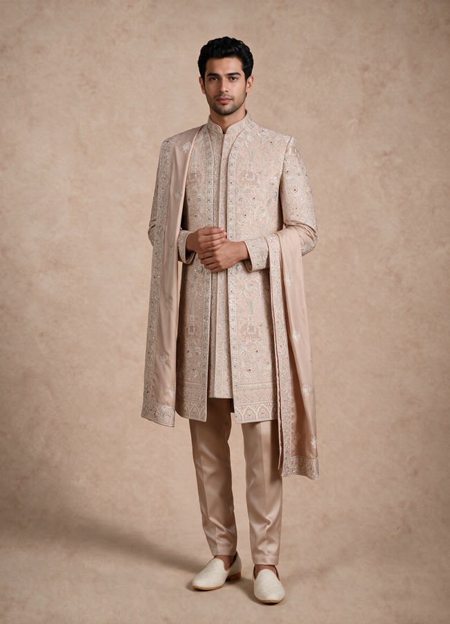 Manyavar Men Champagne Silk Open Sherwani with Embroidery