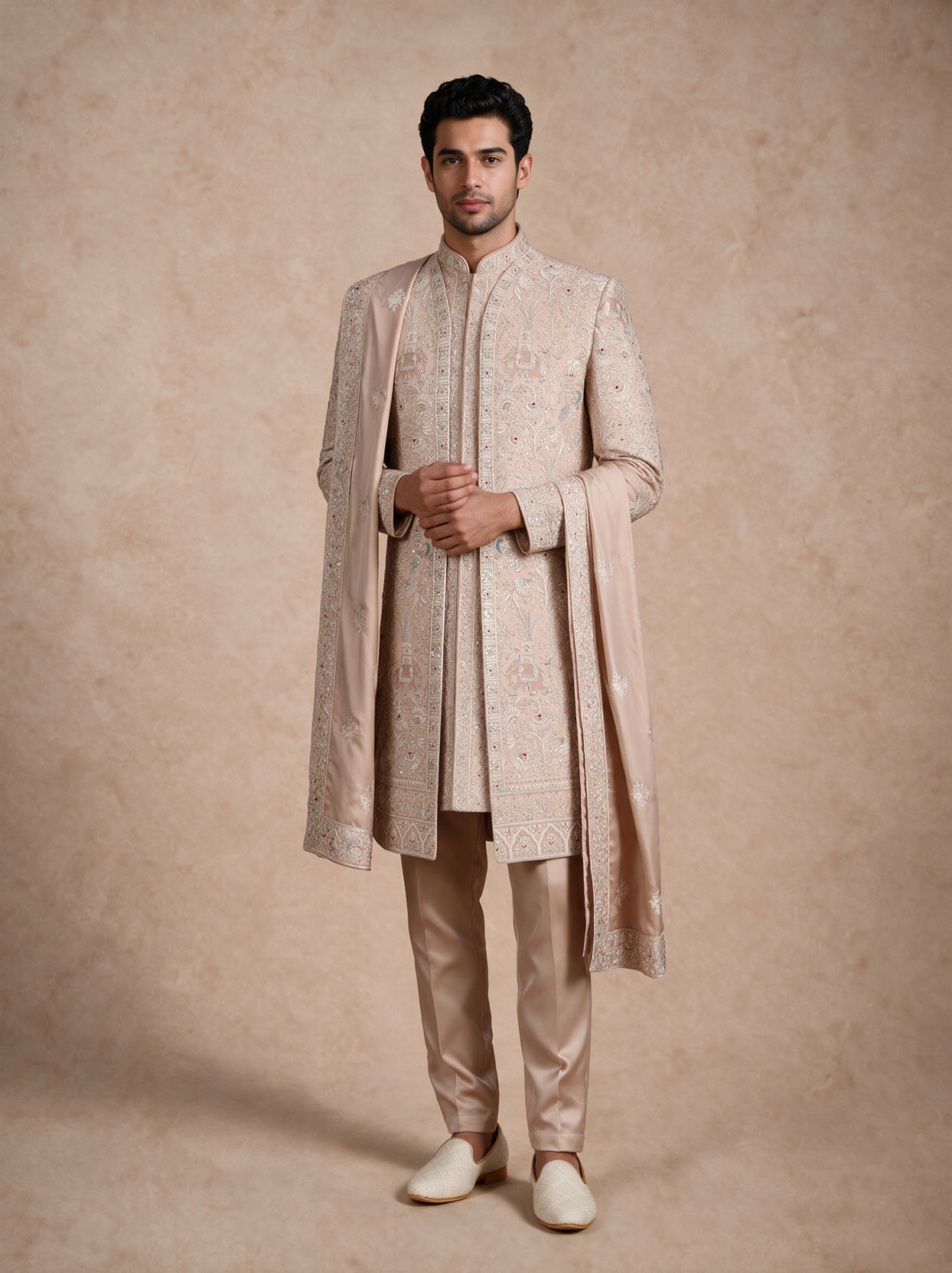Manyavar Men Champagne Silk Open Sherwani with Embroidery