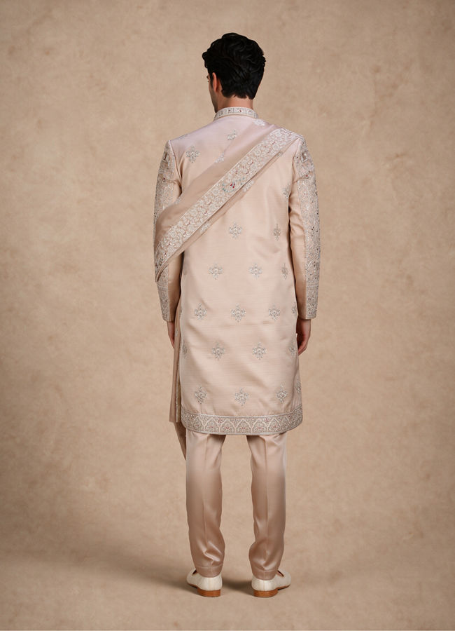 Manyavar Men Champagne Silk Open Sherwani with Embroidery