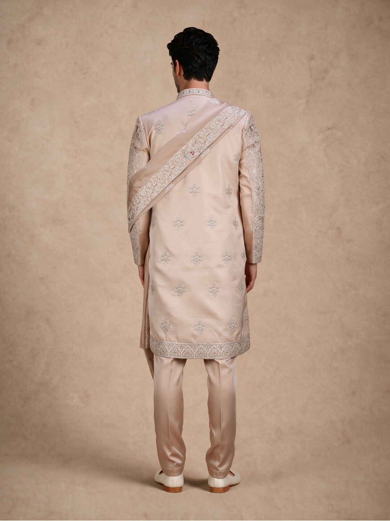 Manyavar Men Champagne Silk Open Sherwani with Embroidery