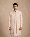 Manyavar Men Beige Silk Open Sherwani with Embroidery