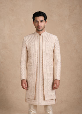 Manyavar Men Beige Silk Open Sherwani with Embroidery