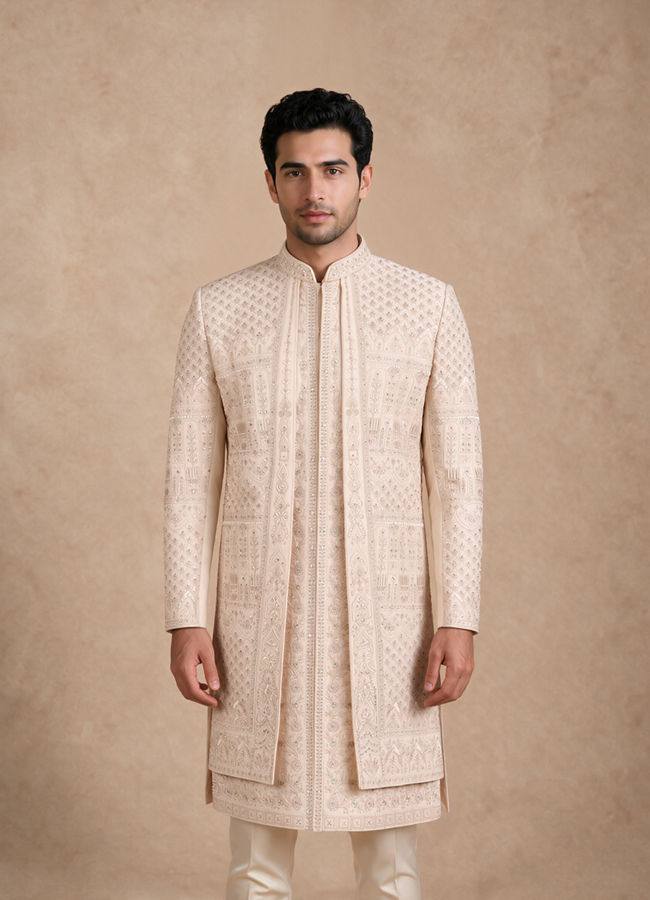 Manyavar Men Beige Silk Open Sherwani with Embroidery