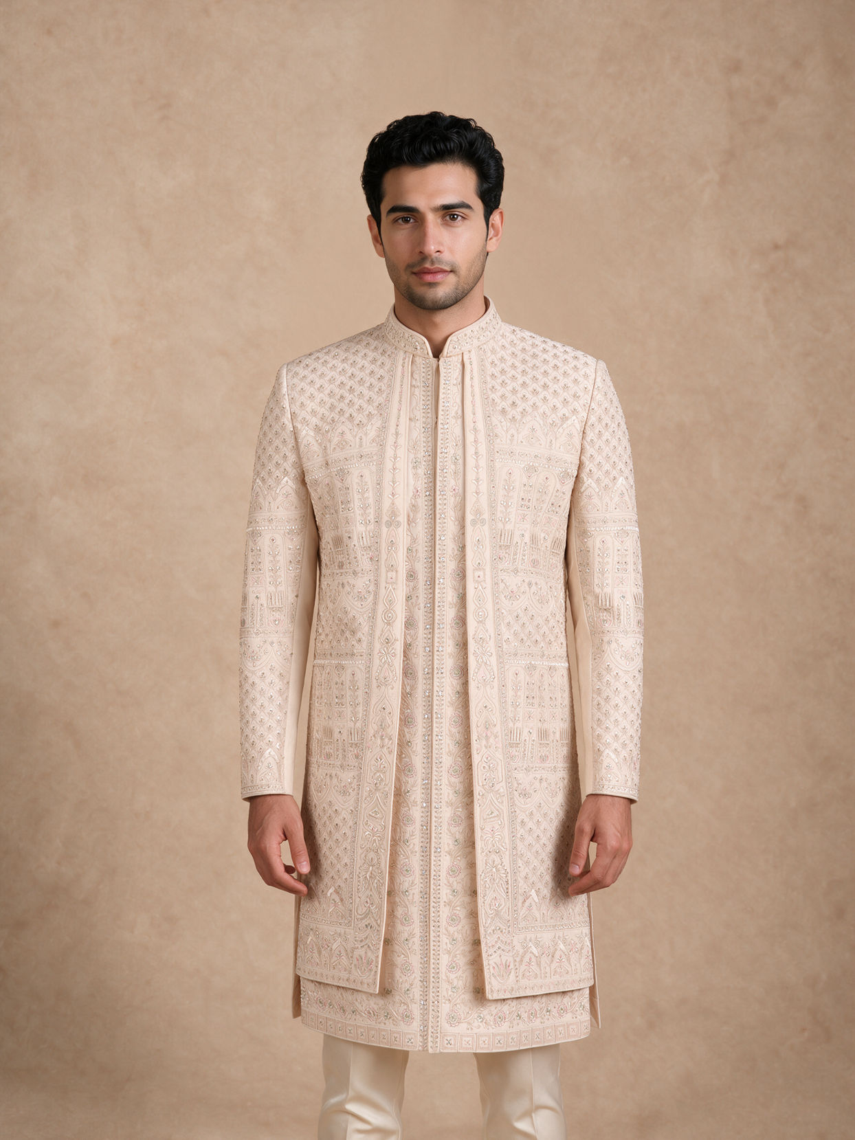 Manyavar Men Beige Silk Open Sherwani with Embroidery