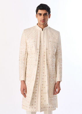 Manyavar Men Beige Silk Open Sherwani with Embroidery