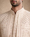 Manyavar Men Beige Silk Open Sherwani with Embroidery