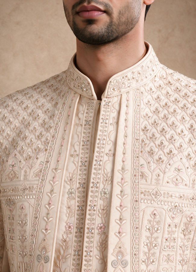 Manyavar Men Beige Silk Open Sherwani with Embroidery