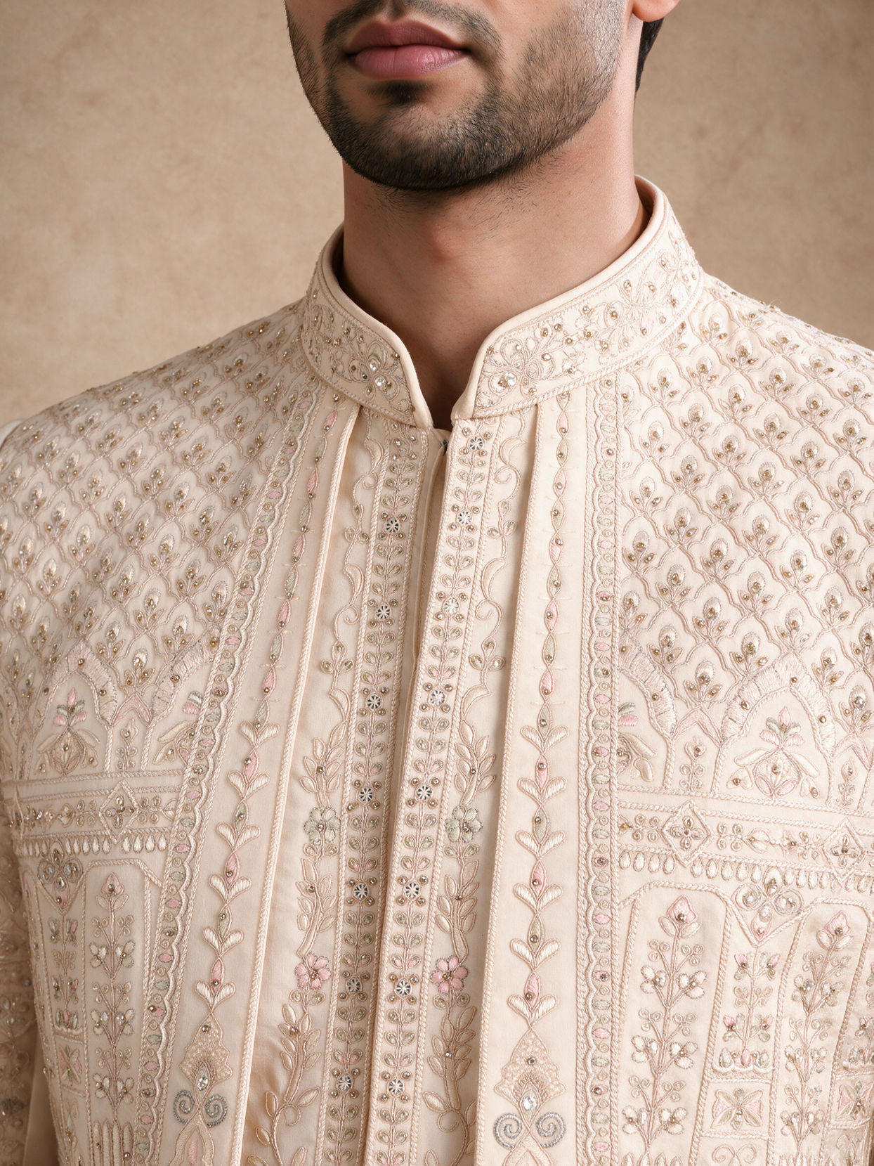 Manyavar Men Beige Silk Open Sherwani with Embroidery