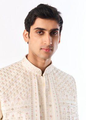 Manyavar Men Beige Silk Open Sherwani with Embroidery