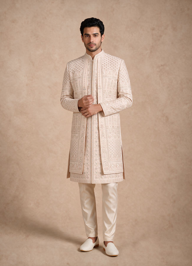 Manyavar Men Beige Silk Open Sherwani with Embroidery