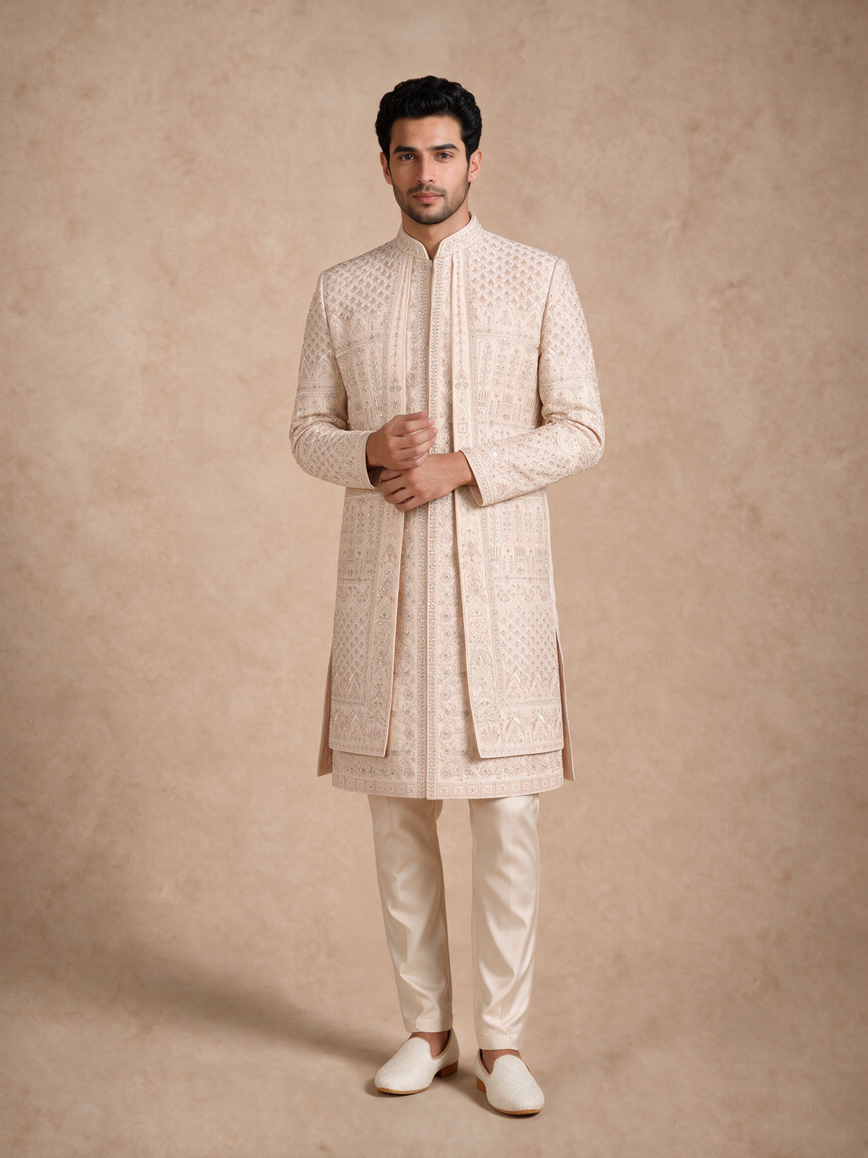 Manyavar Men Beige Silk Open Sherwani with Embroidery