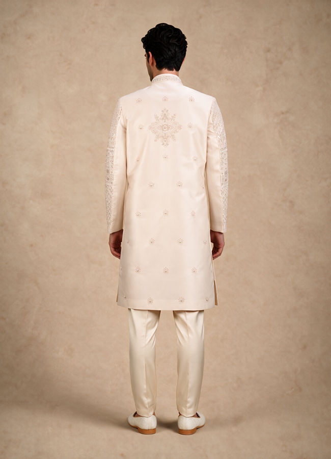 Manyavar Men Beige Silk Open Sherwani with Embroidery