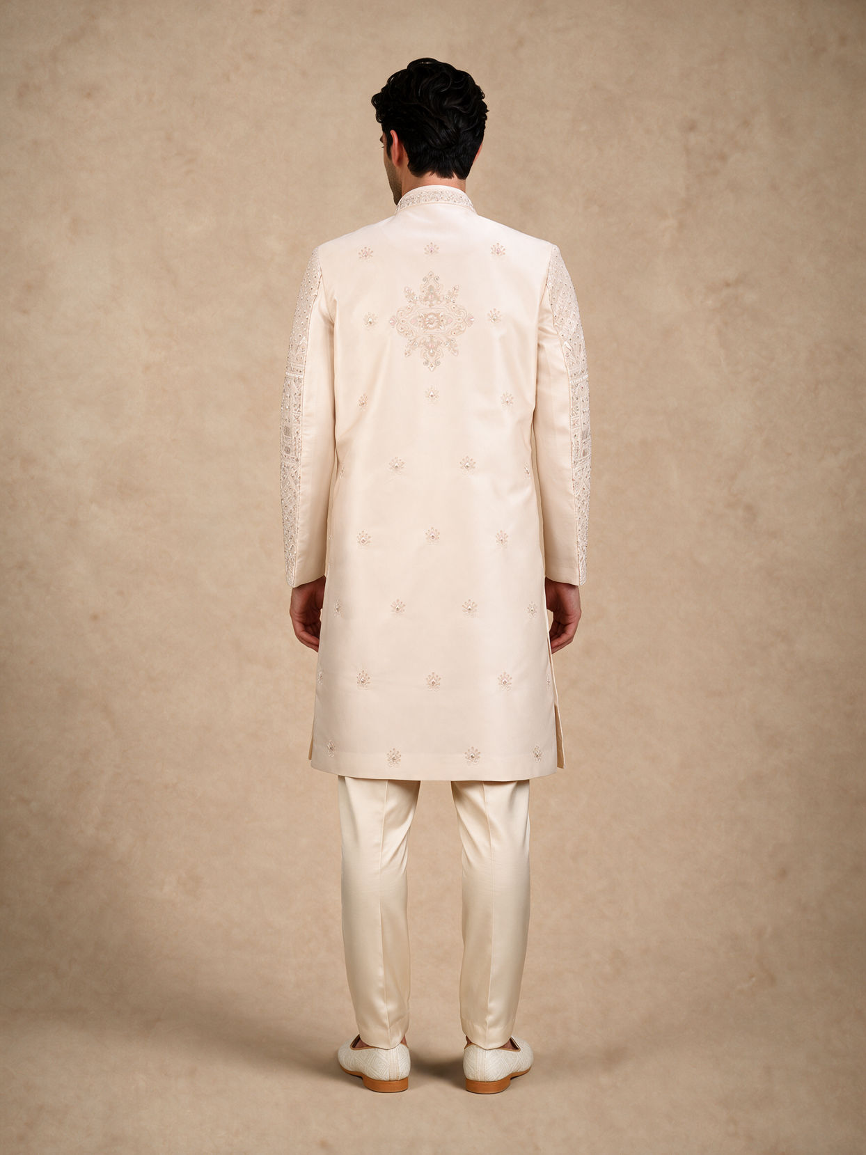 Manyavar Men Beige Silk Open Sherwani with Embroidery