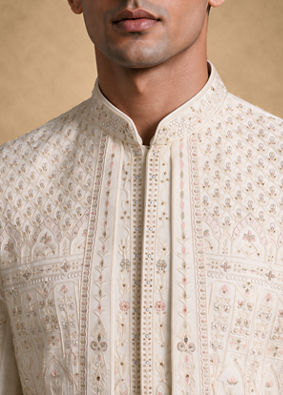 Manyavar Men Cream Silk Open Sherwani