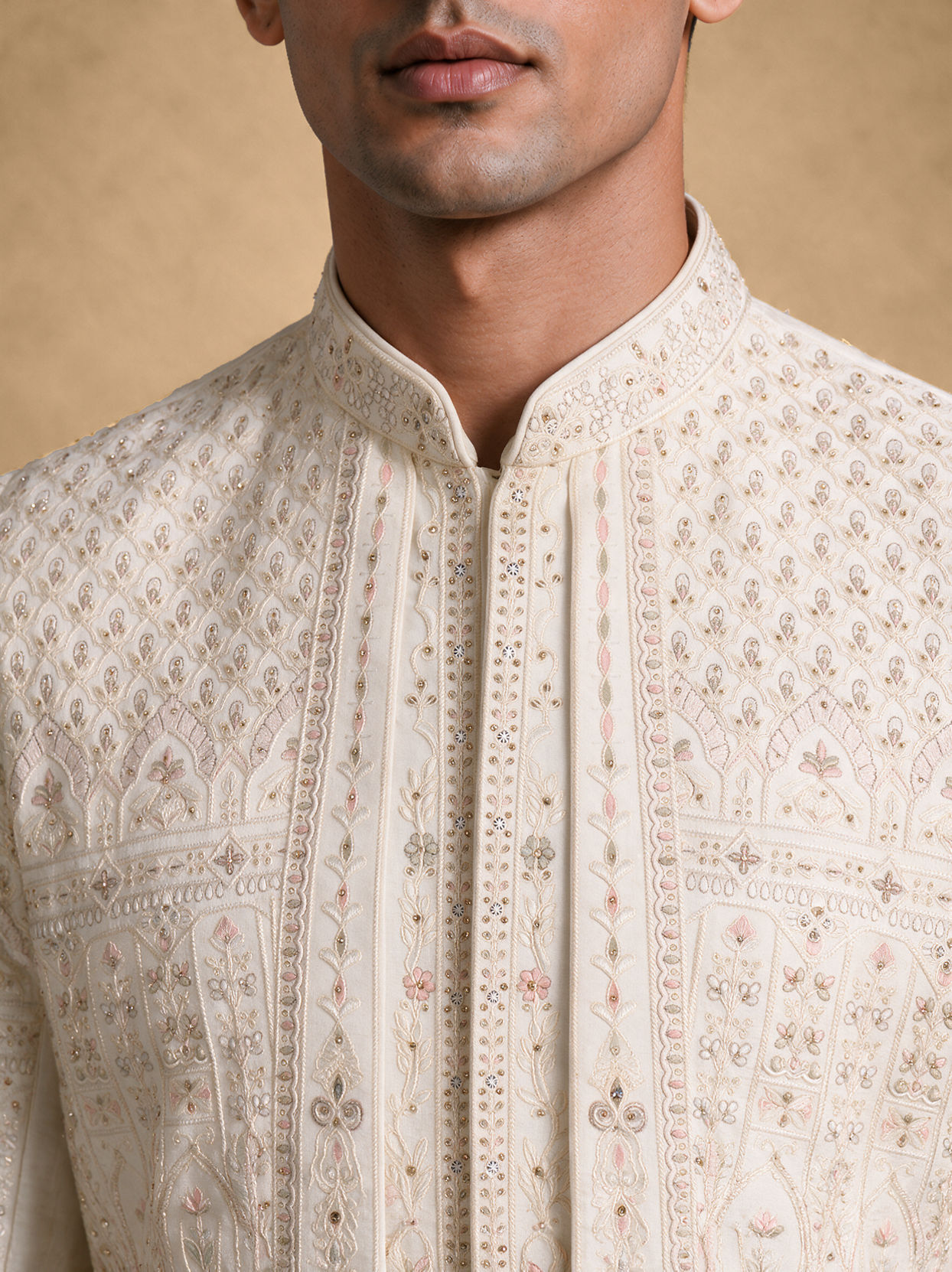 Manyavar Men Cream Silk Open Sherwani