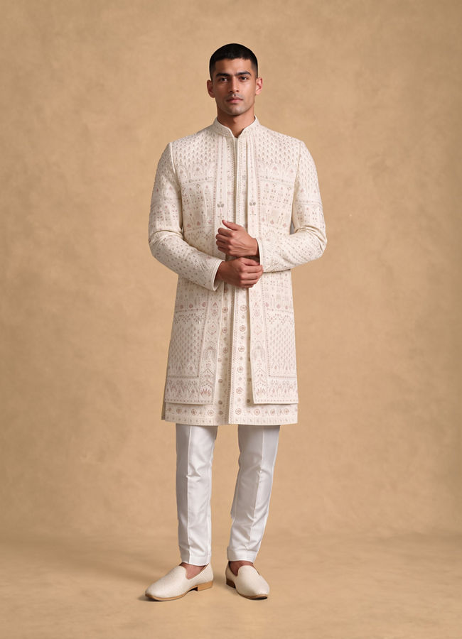 Manyavar Men Cream Silk Open Sherwani