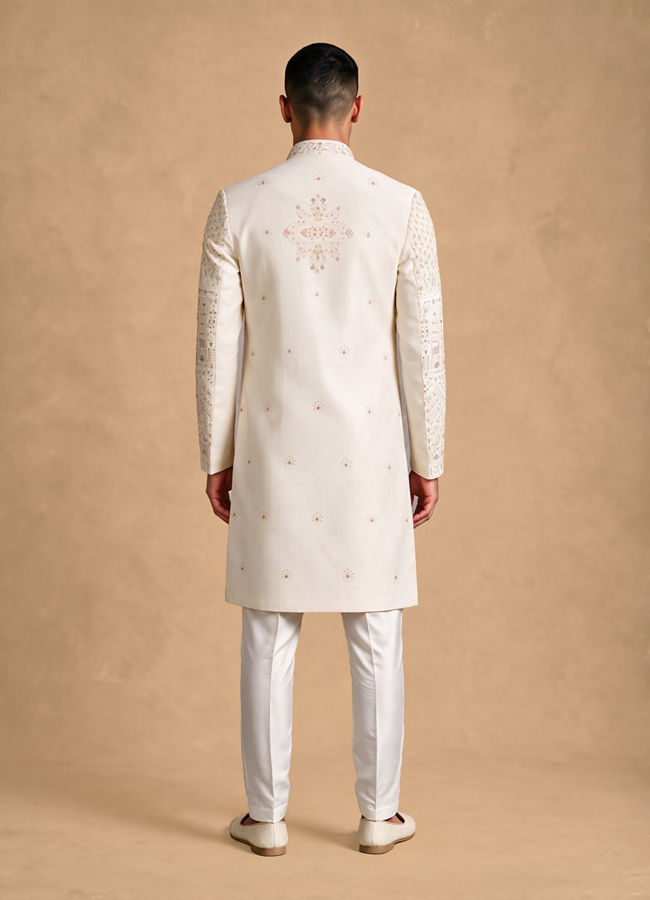 Manyavar Men Cream Silk Open Sherwani