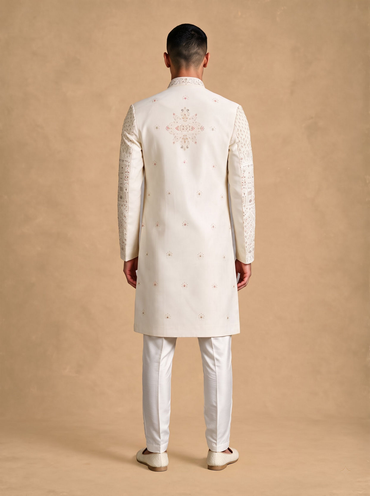 Manyavar Men Cream Silk Open Sherwani