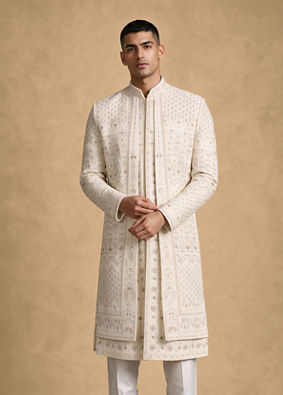 Manyavar Men Cream Silk Open Sherwani
